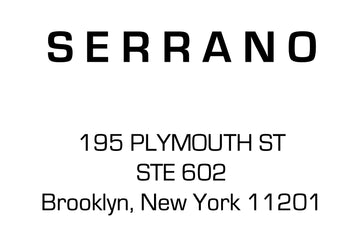 Address label with 'SERRANO' and contact information on a white background
